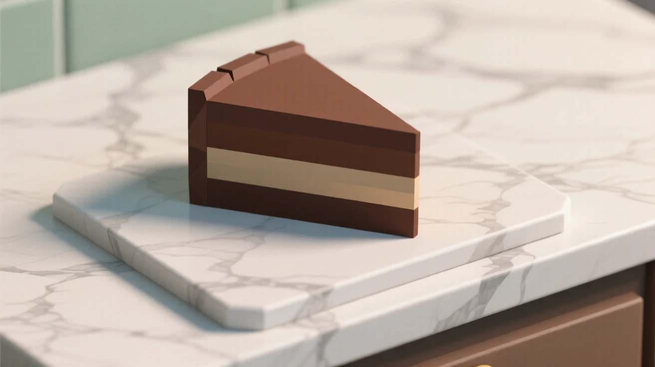 A slice of rich chocolate layer cake, on a marble countertop. a shallow depth of field keeps focus on the food. It captures a simple, joyful moment.