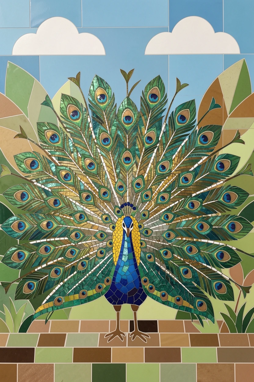 A vibrant peacock displaying its full tail feathers in a garden.
