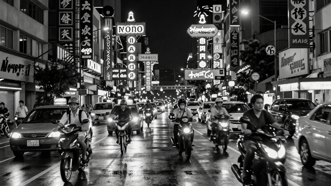 A neon-lit downtown avenue buzzes with signs and traffic in a vibrant Asian metropolis.