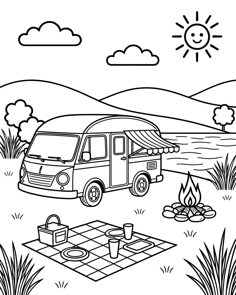 A camper van parked at a scenic campsite by a lake