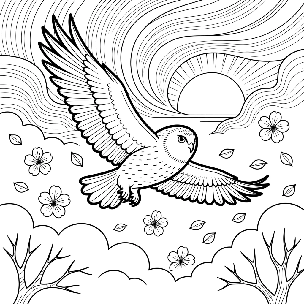 A snowy owl gliding through storm clouds at sunset, surrounded by a scattering of fallen petals.