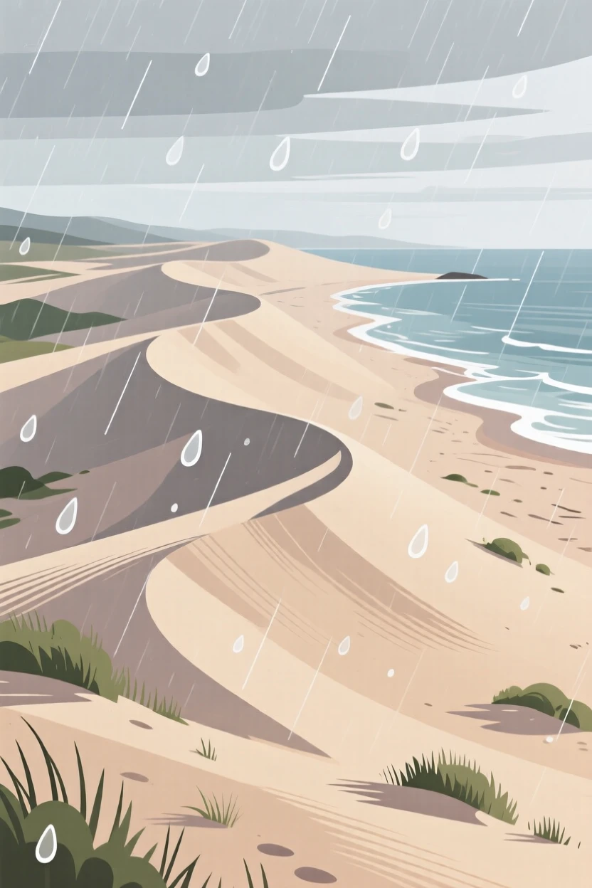 A coastal sand dune shaped by wind into flowing curves, with a light rain shower passing softly through, shown from an elevated viewpoint overlooking the scene, with a fresh, crisp clarity that highlights every detail.