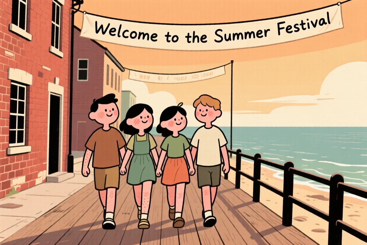 A group of friends link arms and walk down a seaside boardwalk lined with old brick buildings, heading toward a summer festival.