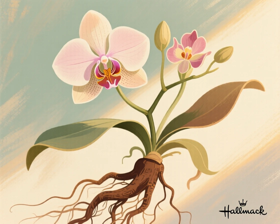 An antique botanical study of a rare orchid's root and bloom
