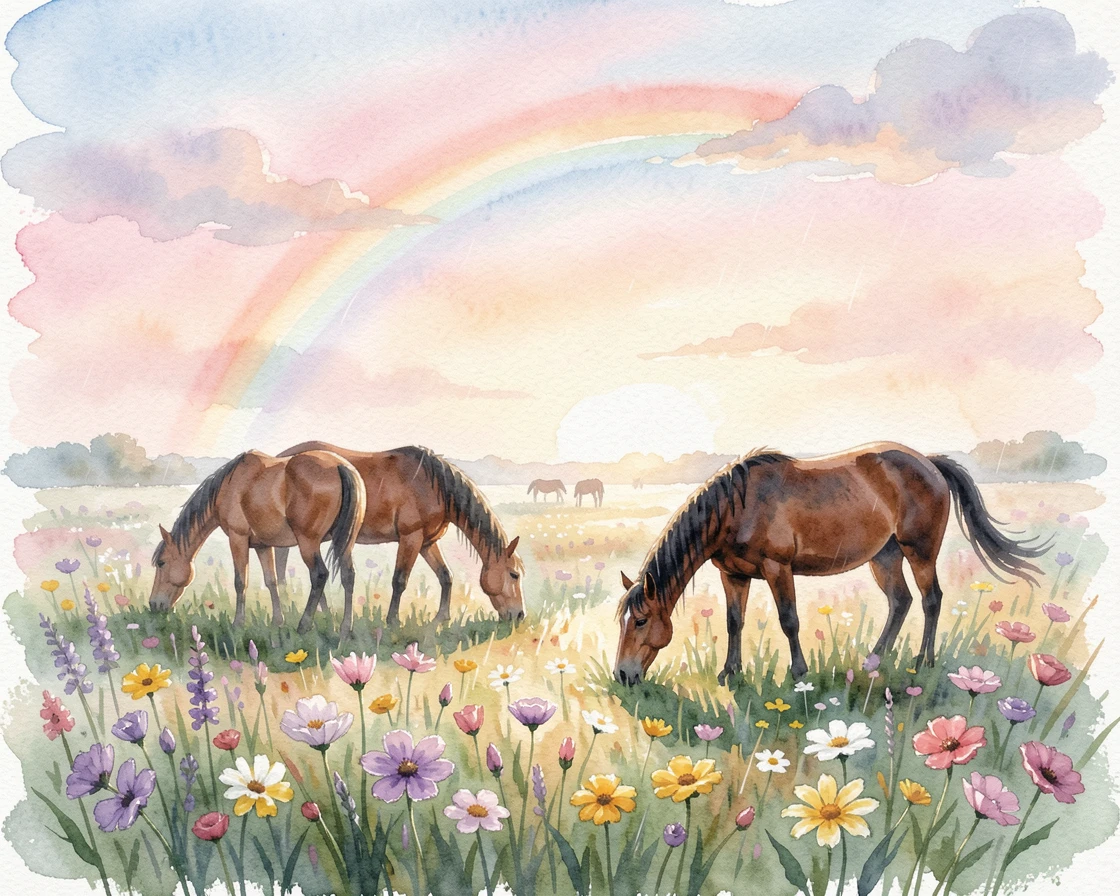 A wildflower meadow at sunrise beneath a rainbow after rain with wild horses grazing nearby.