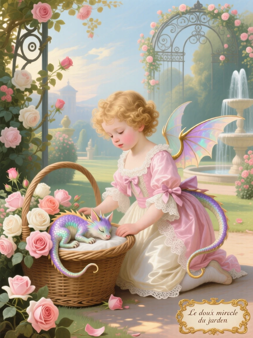 A child finding a small dragon curled asleep inside a basket of roses  