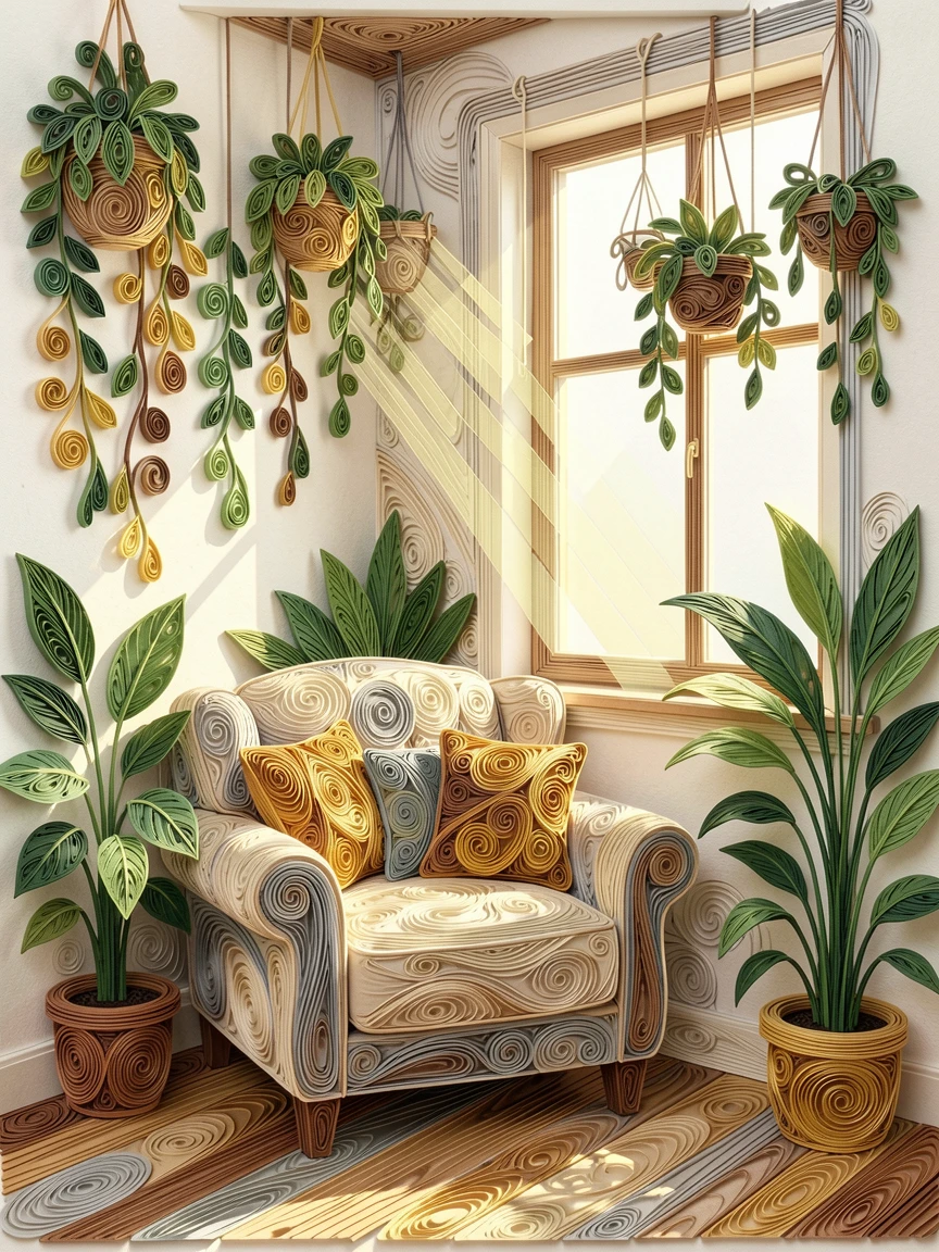 a cozy reading nook filled with hanging plants, in a bright, plant-filled apartment, composed with soft morning light and long shadows, with soft golden afternoon light throughout.