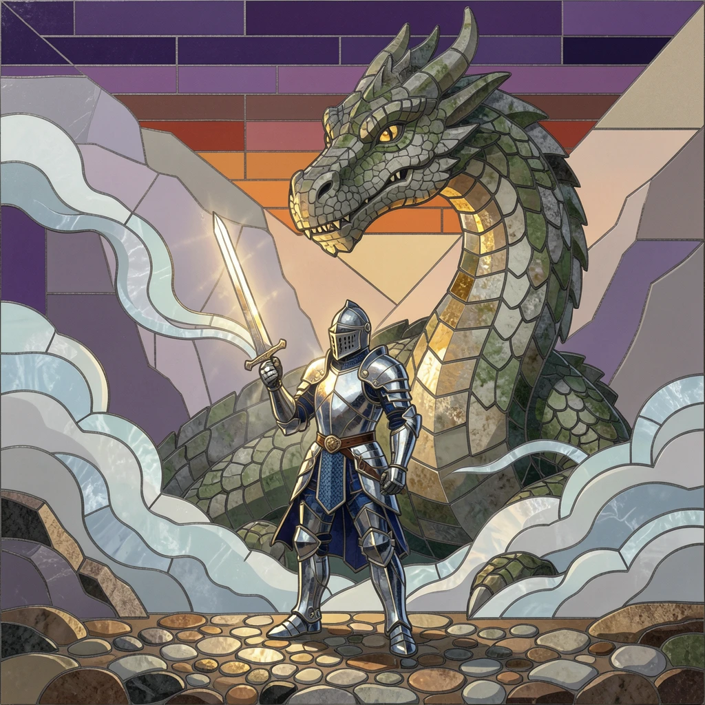 An epic fantasy scene of a knight standing before a colossal ancient stone dragon statue, with swirling mist and glowing highlights.
