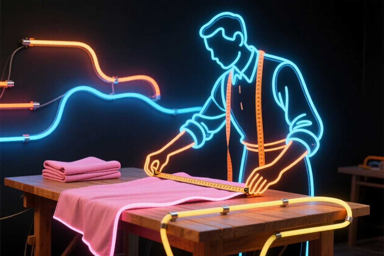A tailor measuring fabric on a wooden work table.