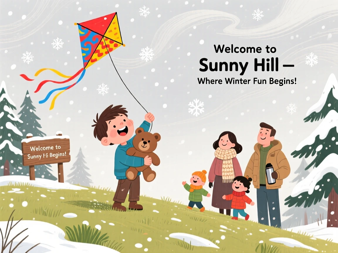 A boy clutching a stuffed bear laughs while flying a kite on a breezy hilltop together with their whole family, while soft snow falls outside.