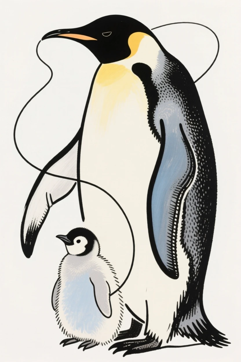 An emperor penguin with its chick