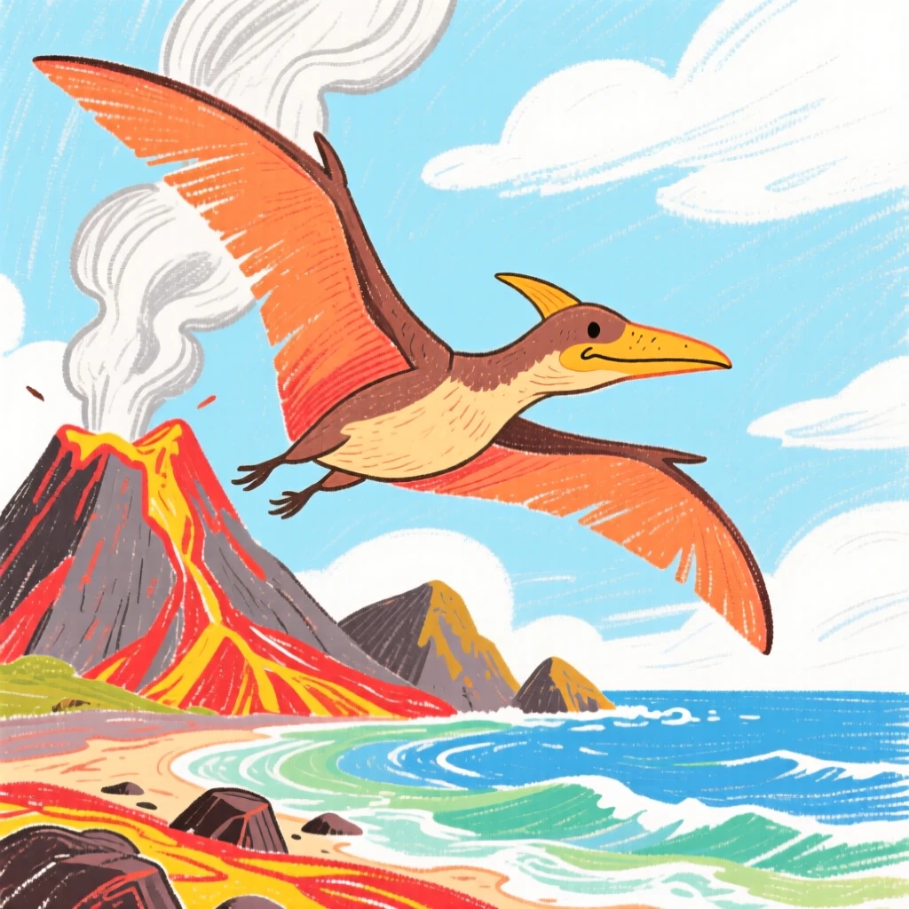 A Pteranodon soaring above an ancient volcanic coastline.