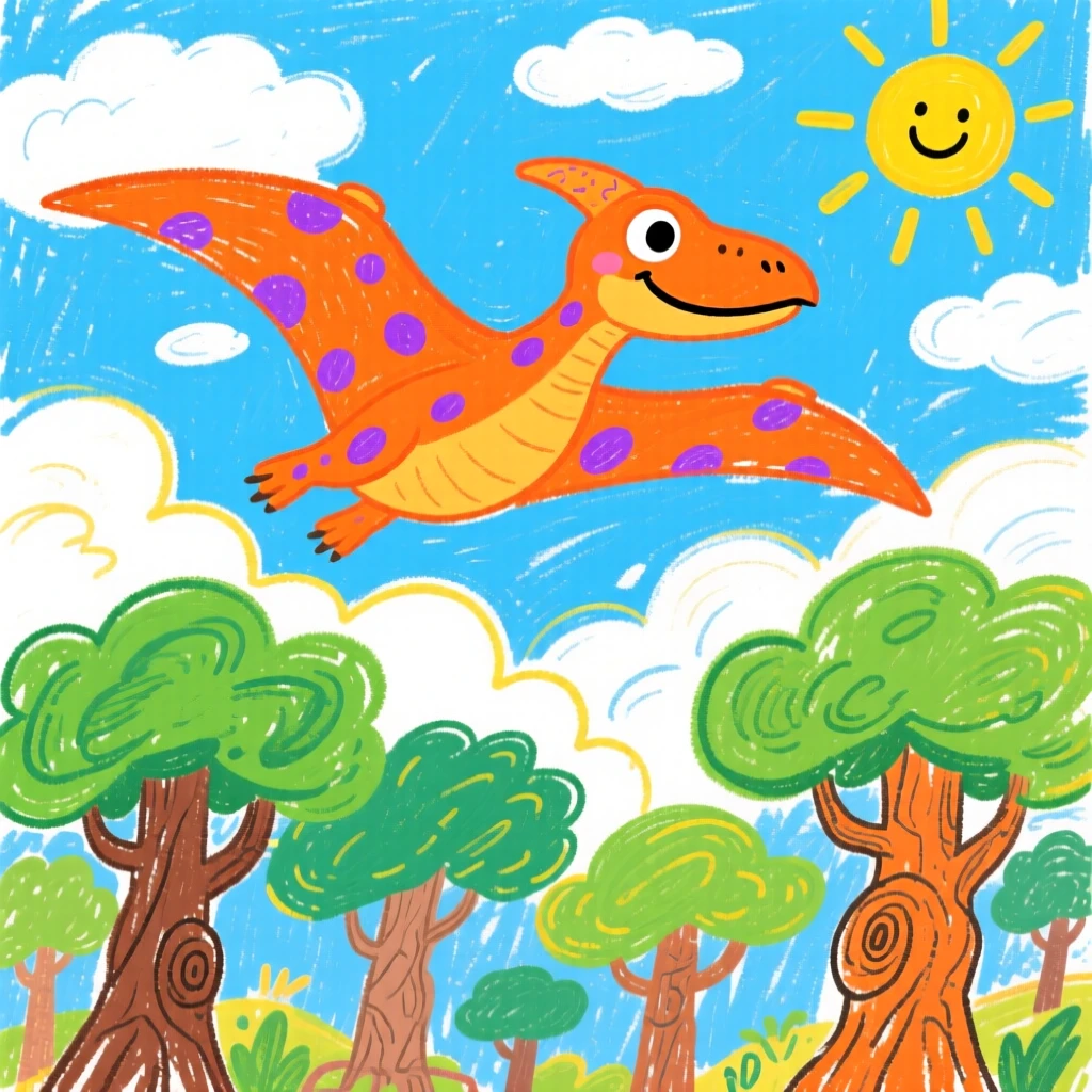 A soaring pterodactyl gliding above the clouds under a canopy of ancient towering trees.