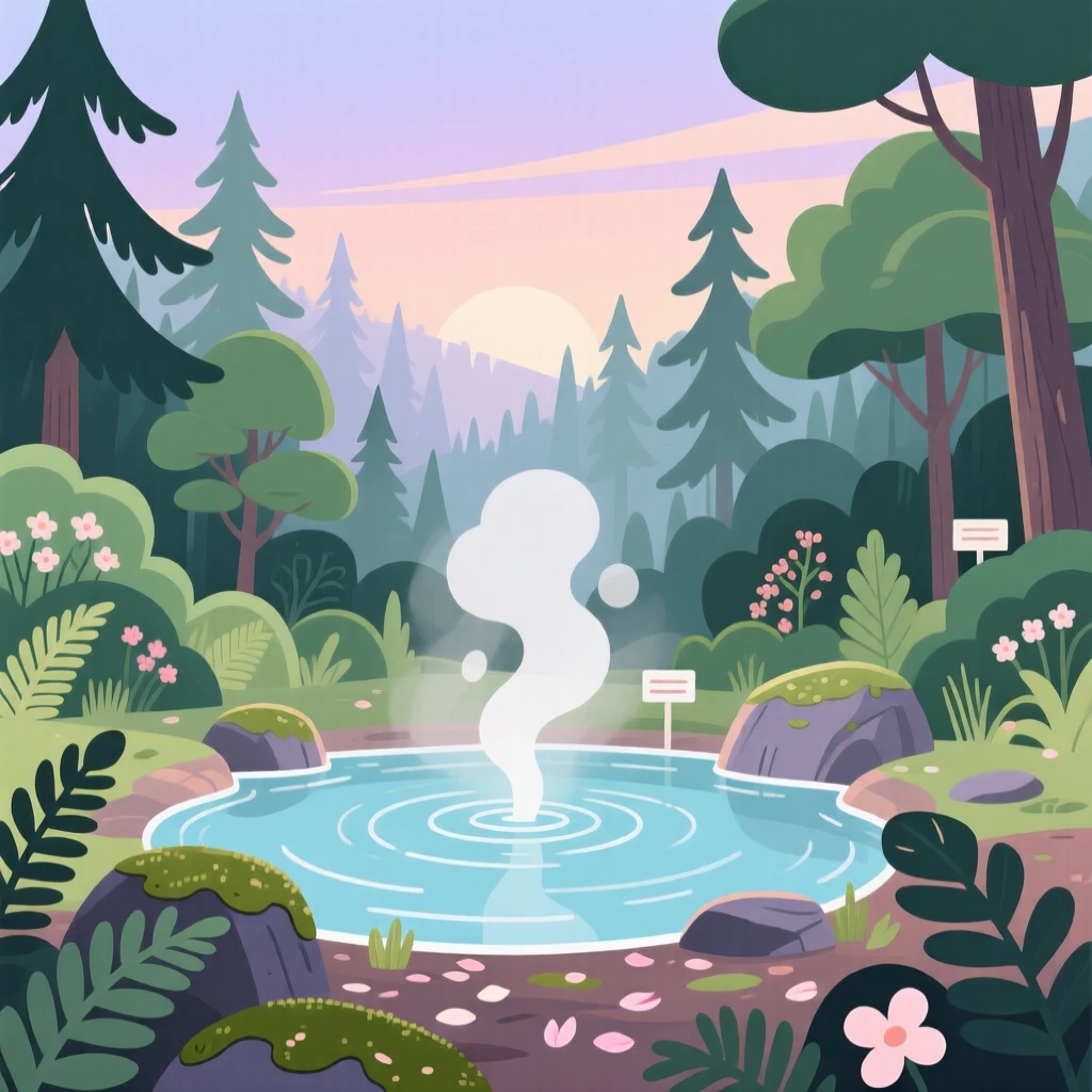 A hidden forest hot spring steaming in the cool air, under a soft pastel morning sky, arranged with layered depth creating a sense of vastness, with delicate textures visible in every leaf and petal.