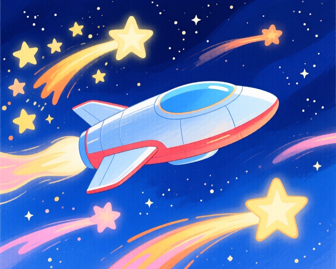 An imaginative scene of a spaceship gliding past a cluster of shooting stars.