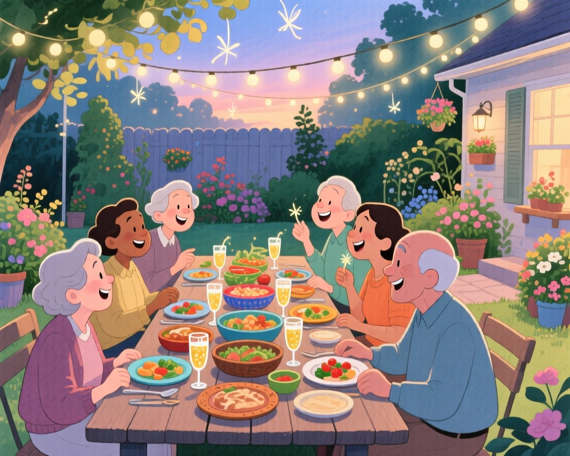 Neighbors sharing a meal at a long outdoor table strung with lights, in a garden courtyard at dusk, with twinkling fairy lights strung overhead, community, warmth, and togetherness.