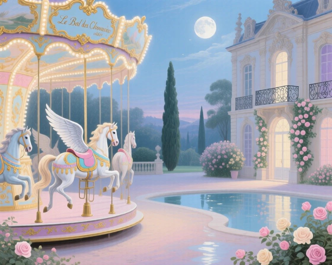 A moonlit carousel of winged horses turning above a palace courtyard  