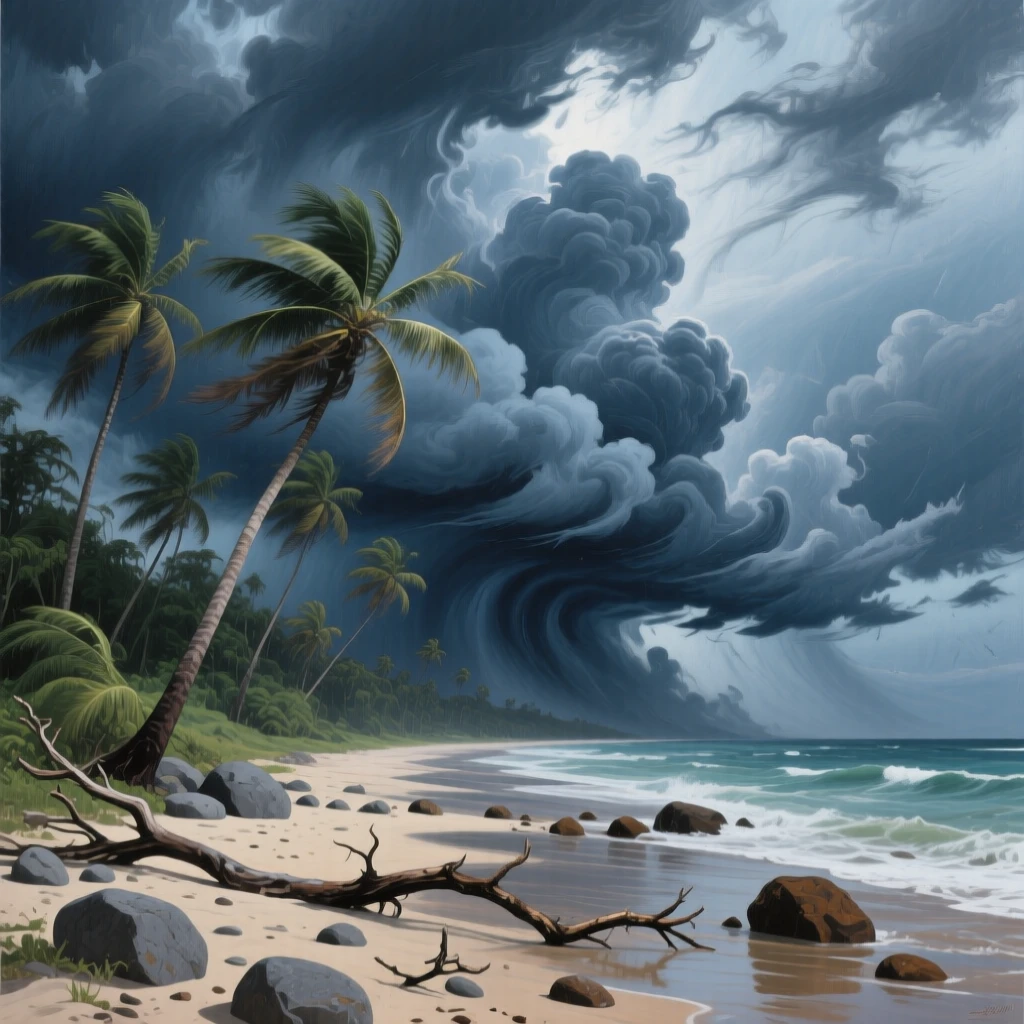 A dramatic hurricane's outer bands sweep across a tropical coastline, palm trees bending in the wind beneath a churning wall of dark gray clouds, small natural details like scattered stones and fallen branches adding quiet interest to the ground.