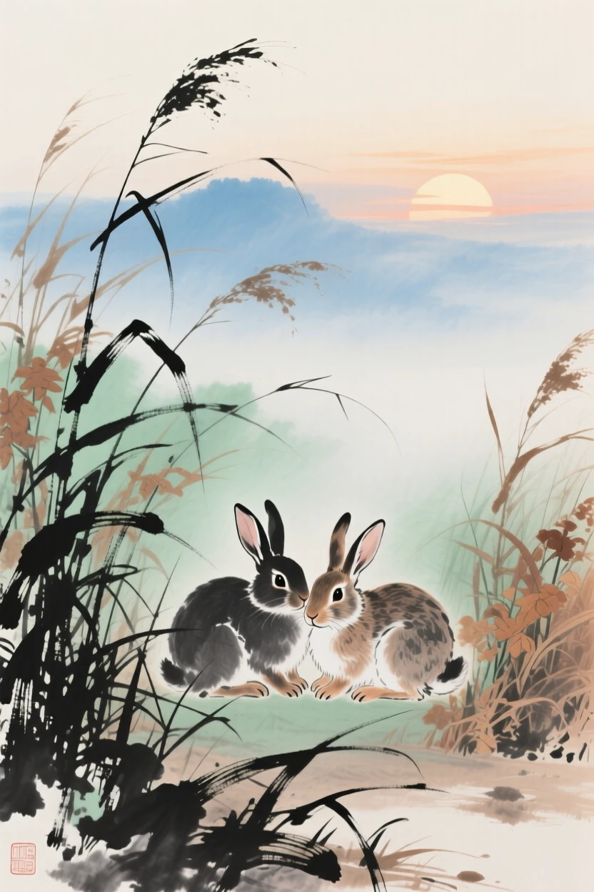 A pair of rabbits nestled among tall autumn grasses, in the quiet hour before sunrise.