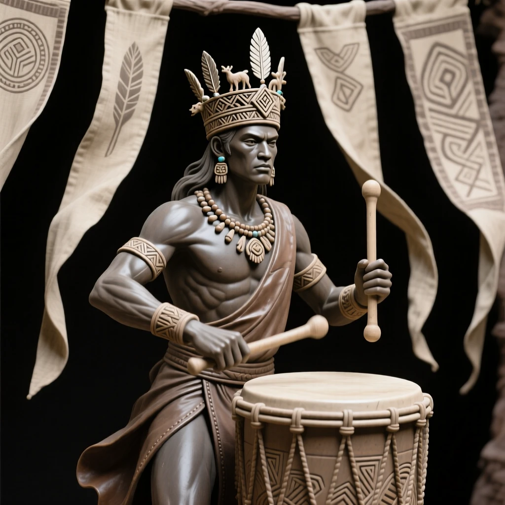 A tribal drummer mid-beat posed regally beneath draping banners, crowned with symbolic ornamentation, stirring a sense of timeless heritage.