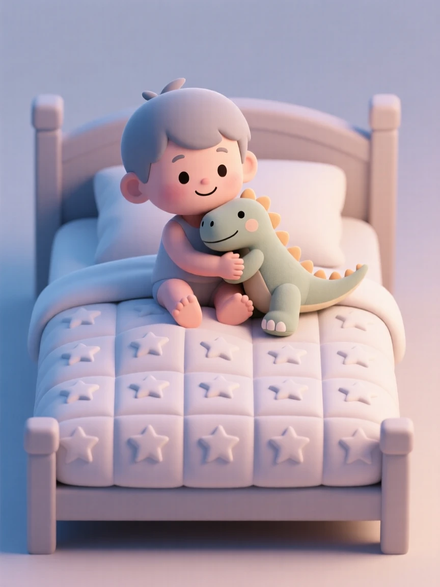 A toddler boy hugs a stuffed dinosaur tightly, both tucked beneath a starry-patterned comforter at bedtime.