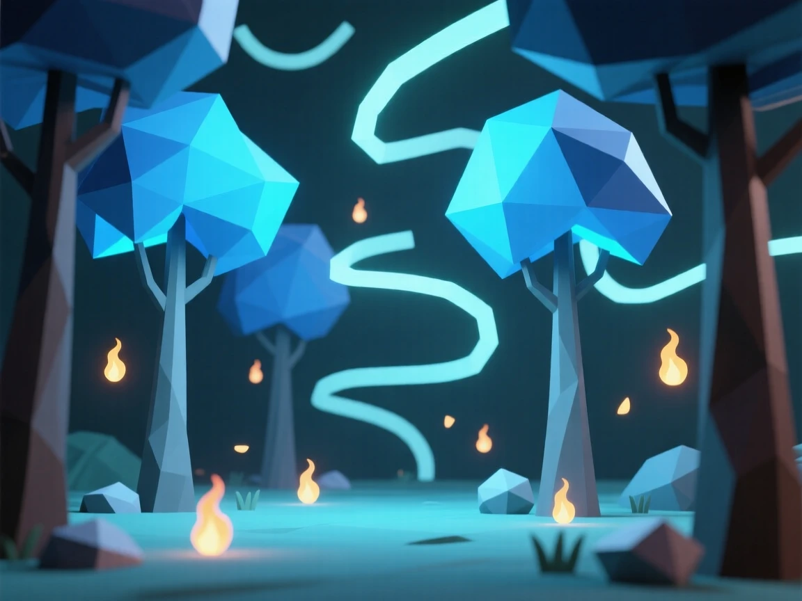 An enchanted forest with luminous blue trees, surrounded by drifting magical embers. swirling particles of light drift through the air. The scene feels magical and full of wonder.
