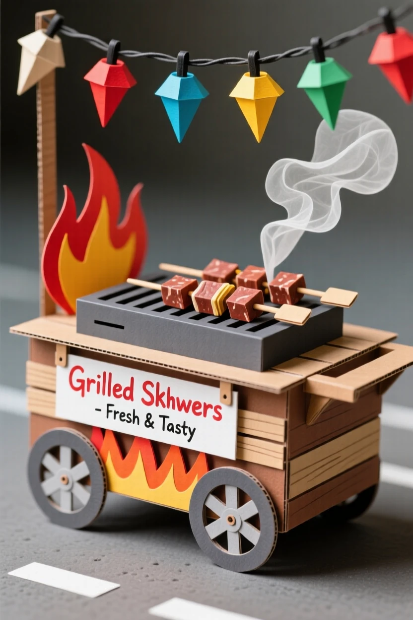 A sizzling street food cart grilling skewers of marinated meat over open flames, smoke curling into the evening air, colorful string lights above, evoking vibrant street food culture.