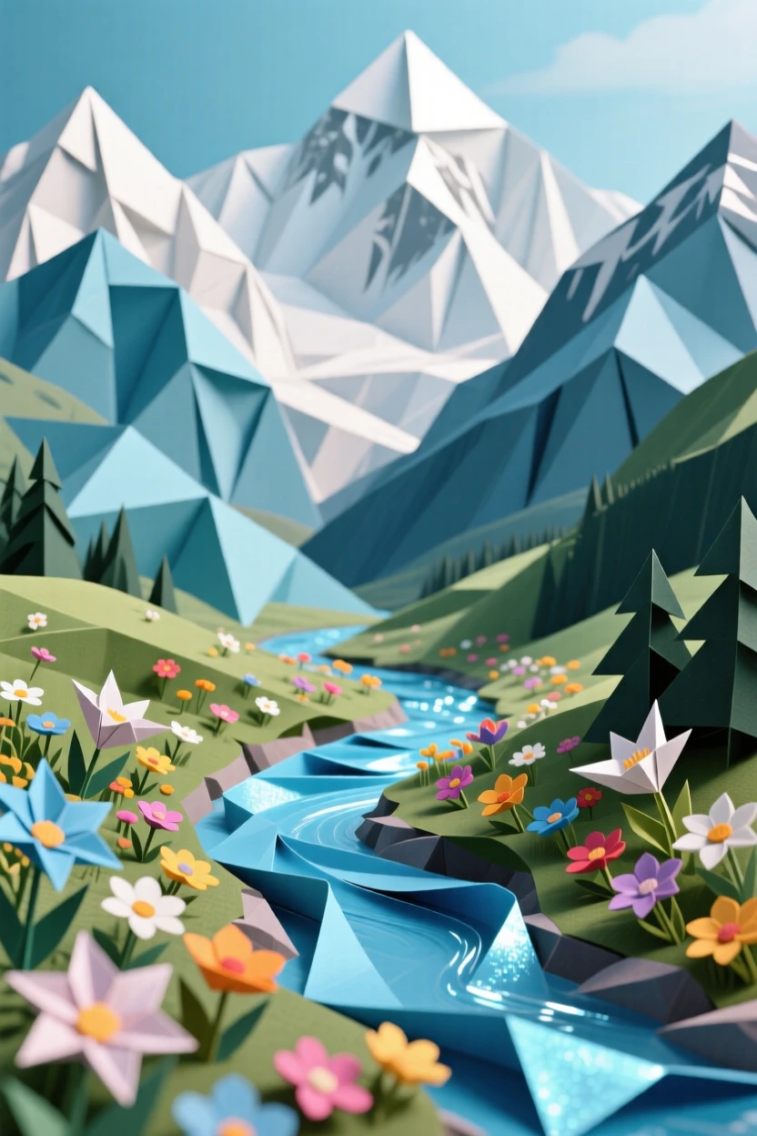 A secluded alpine valley with wildflowers and a winding stream under towering peaks.