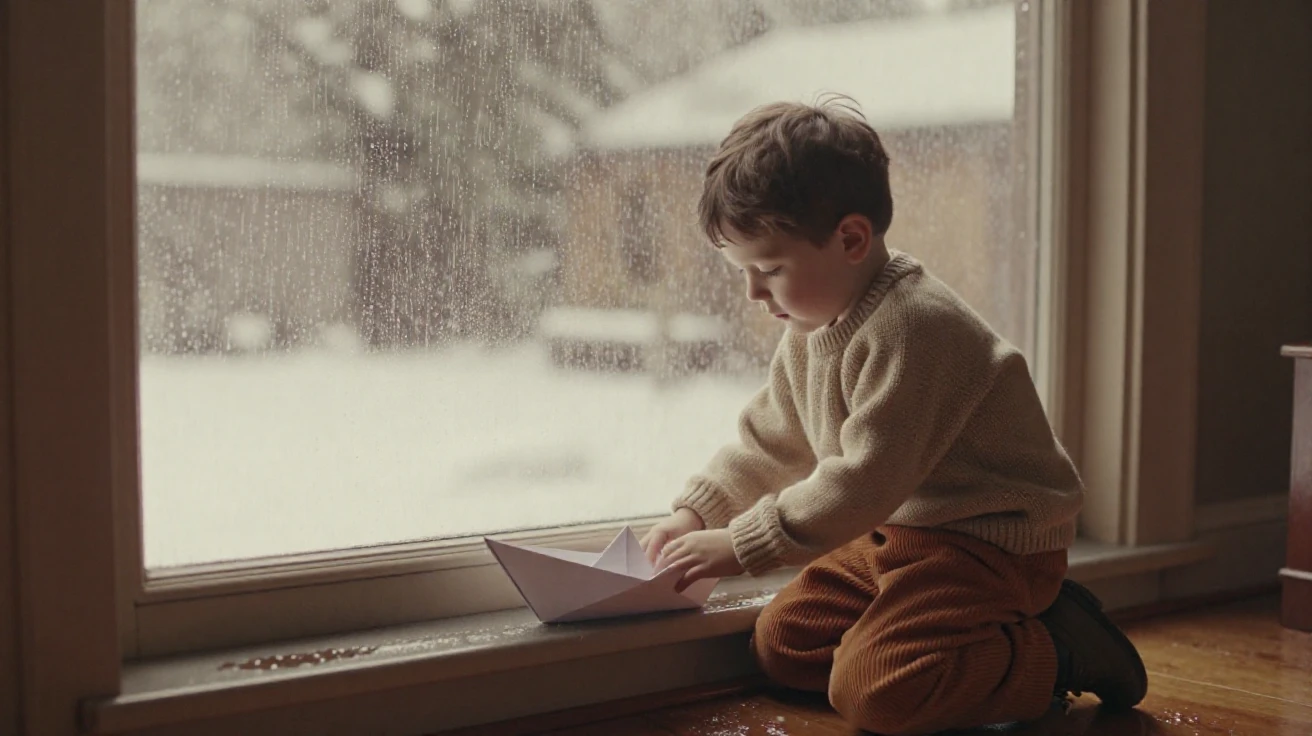 A little boy sailing a paper boat down a rain gutter, in soft window light, just after a rain shower, with puddles reflecting the sky, under the first snow of winter, in earthy terracotta and ochre shades, viewed from across the room.