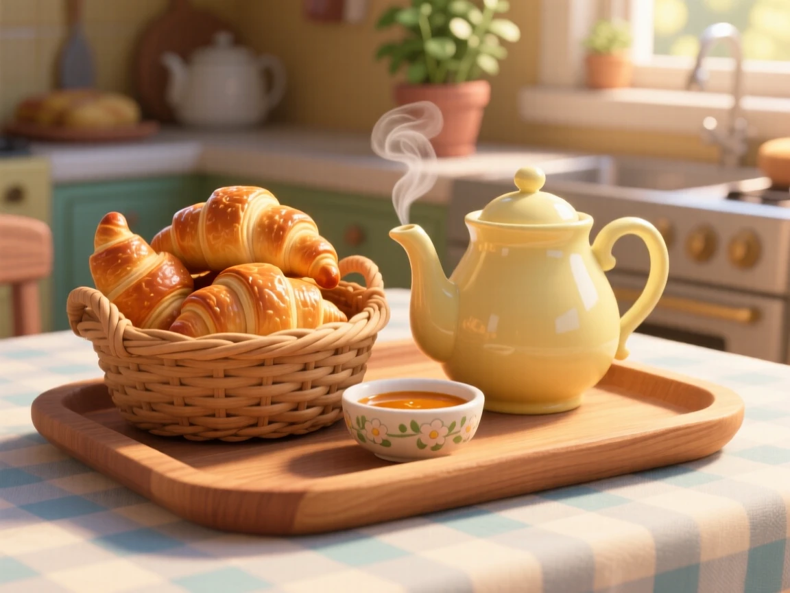 A basket of warm buttery croissants sits on a tray beside a steaming teapot, beside a small dish of dipping sauce. A cheerful, mouthwatering warmth surrounds the dish.