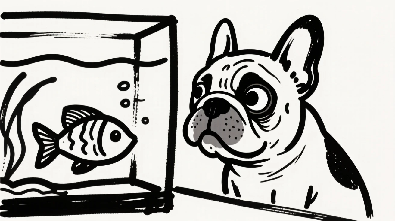 A French bulldog peering curiously into a fish tank with wide eyes.
