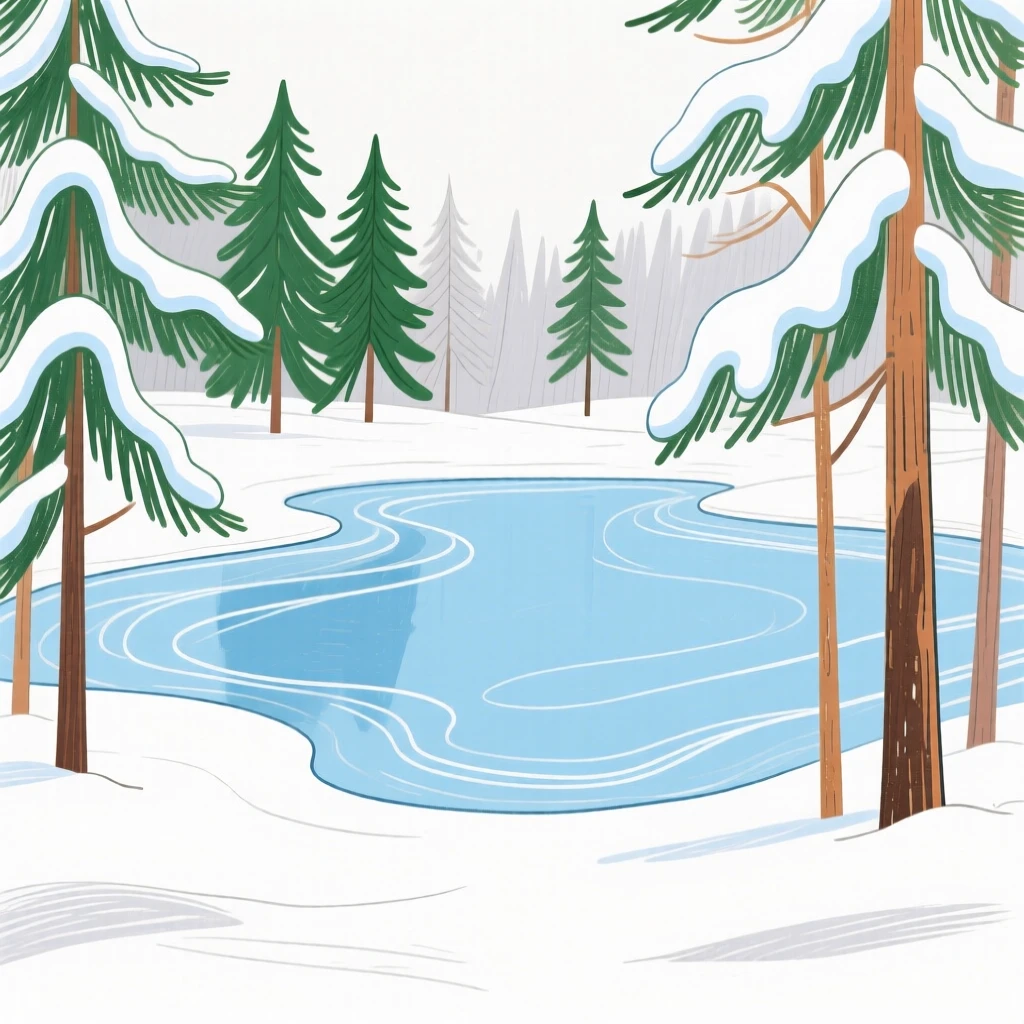 A frozen lake surrounded by snow-covered pines.