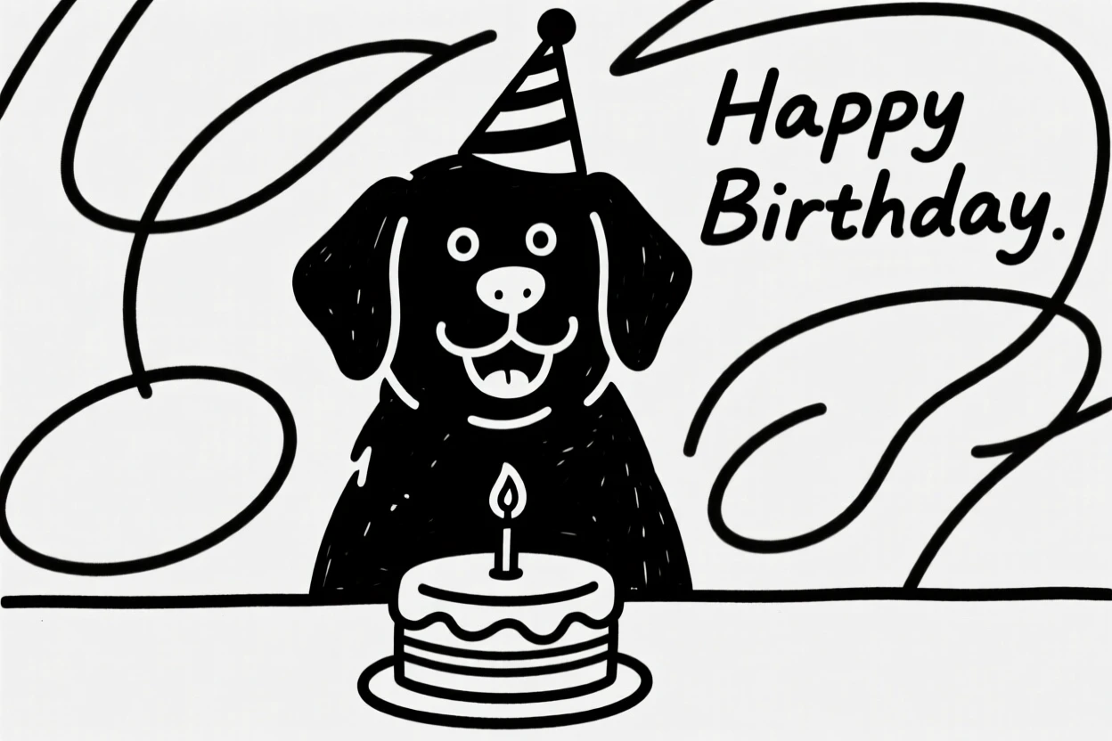 A black lab wearing a tiny birthday hat, sitting proudly in front of a small cake with one candle.