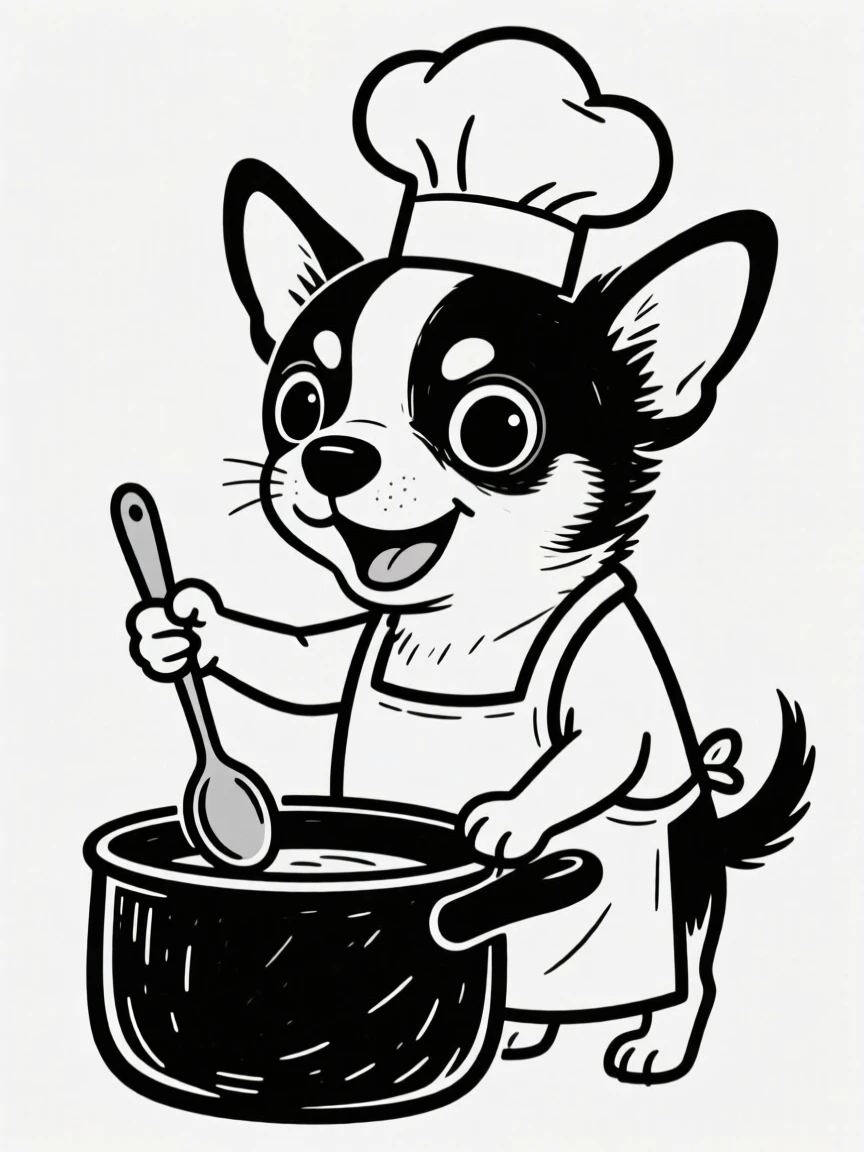 A chihuahua dressed as a tiny chef with an apron and hat, stirring a pot.