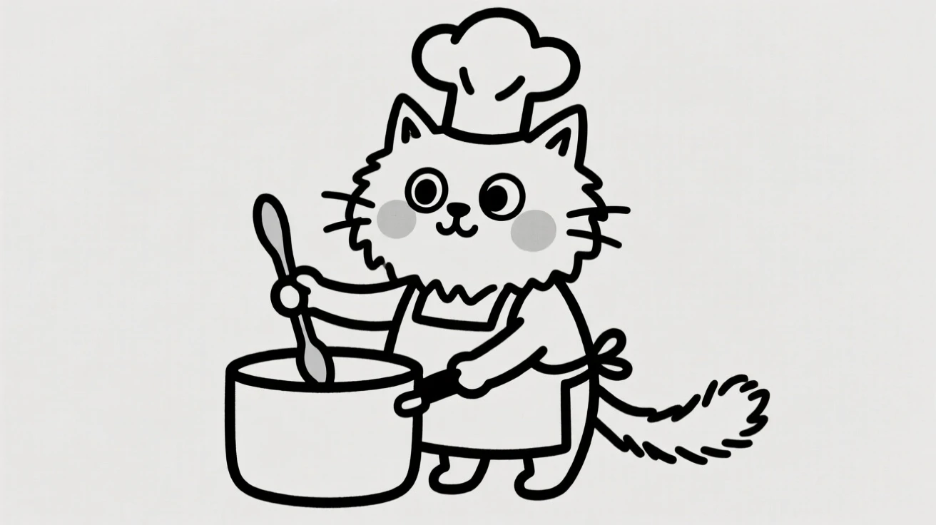 A persian cat dressed as a tiny chef with an apron and hat, stirring a pot.
