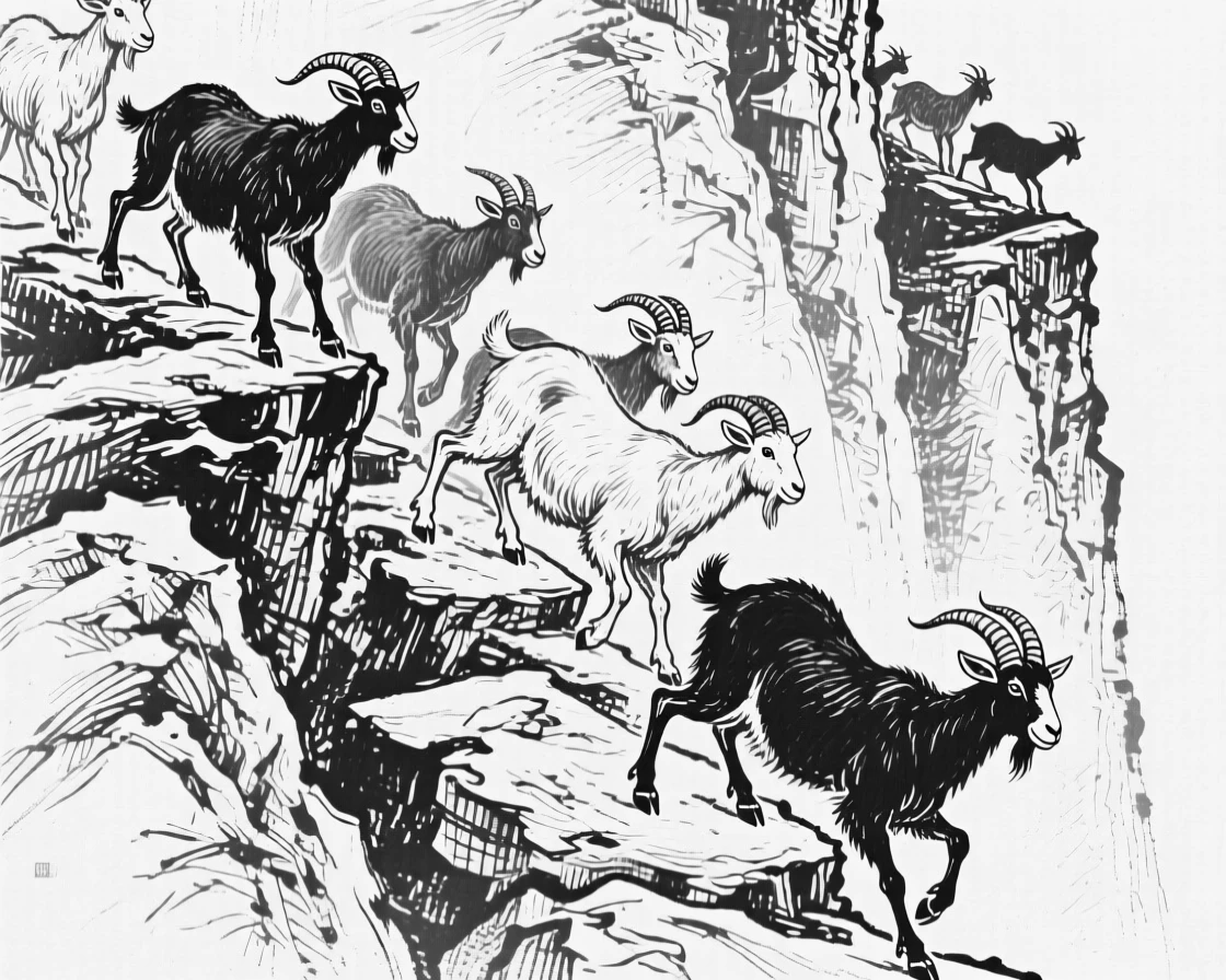 A herd of goats climbing along a steep rocky cliffside.