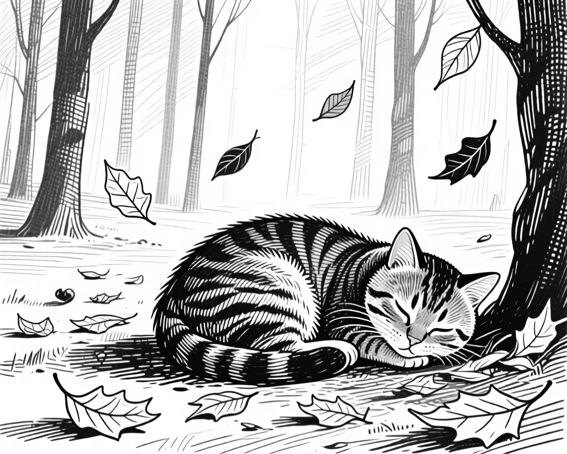 A curled-up cat at the edge of a quiet forest, surrounded by falling leaves, capturing a joyfully alive moment in nature with a strong, centered focal point.