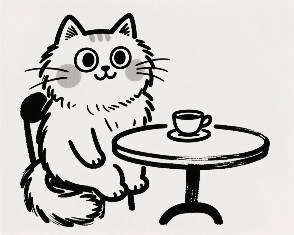 A persian cat sitting at a tiny table with a teacup, having a pretend tea party.