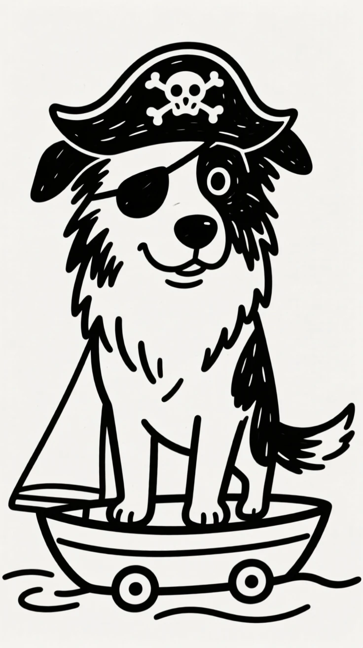 A border collie dressed as a pirate with an eye patch, standing on a toy ship.