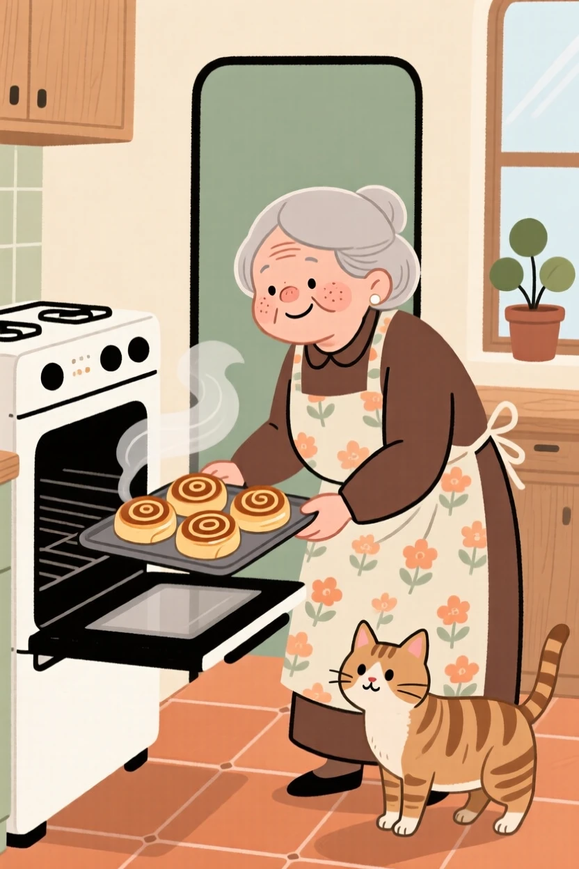 A grandmother pulls a tray of cinnamon rolls from the oven in a cozy home kitchen, steam rising as a cat watches from the doorway.