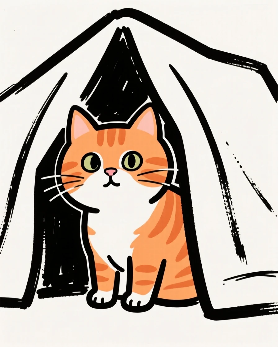 A orange tabby kitten peeking out from under a blanket fort with only its nose and eyes showing.