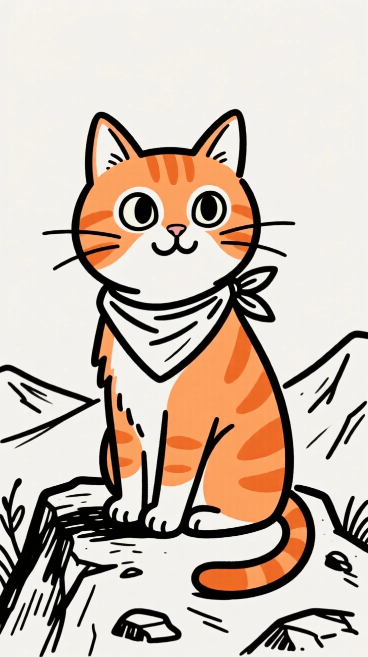 A orange tabby kitten wearing a bandana, sitting proudly on a hiking trail overlook.