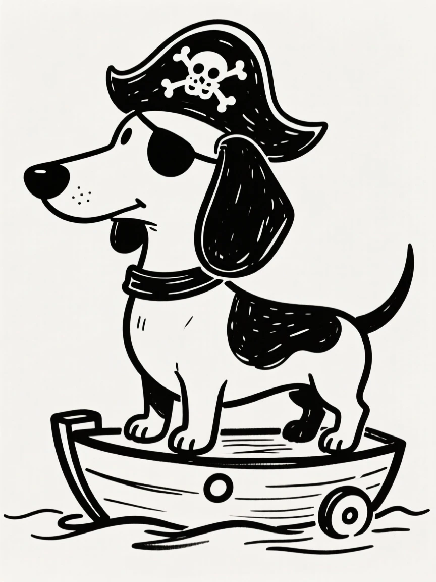 A dachshund dressed as a pirate with an eye patch, standing on a toy ship.