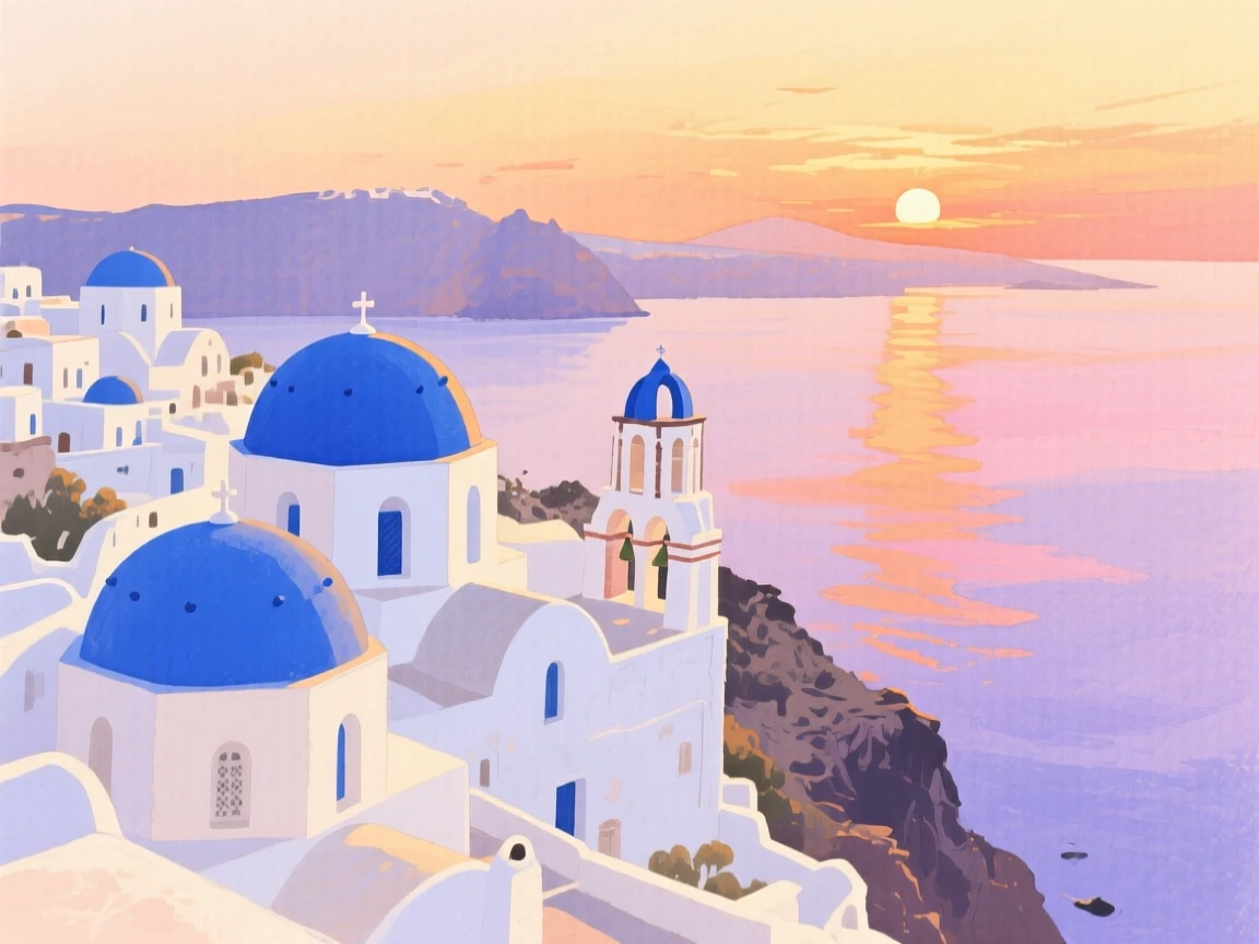A whitewashed village with blue domed rooftops overlooks the caldera and sea of Santorini at sunset