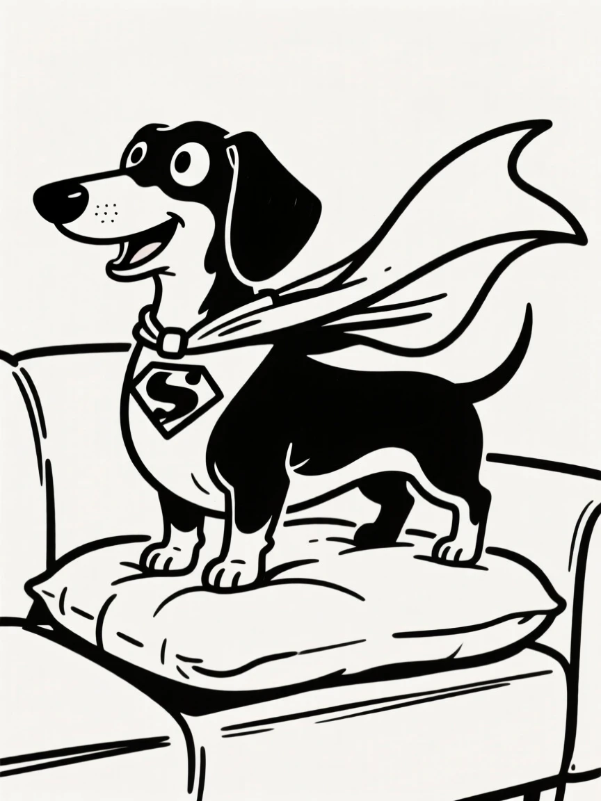 A dachshund dressed in a superhero cape, standing heroically on a couch cushion.
