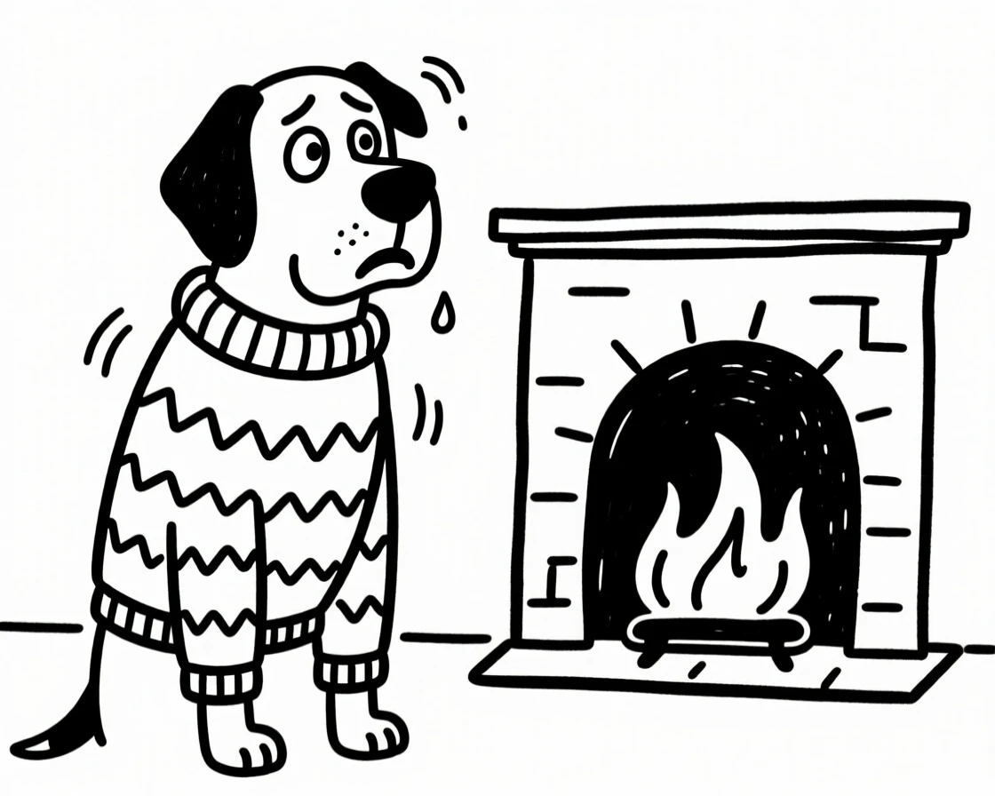 A great dane wearing a knitted sweater, shivering dramatically by a fireplace.