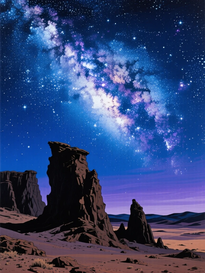 The Milky Way stretches brilliantly across a clear desert sky in Atacama, ancient rock formations silhouetted below against thousands of visible stars, subtle color shifts across the sky suggesting the slow passage of time within the scene.