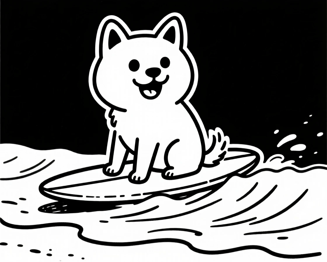 A shiba inu sitting on a surfboard riding a small wave at the beach.