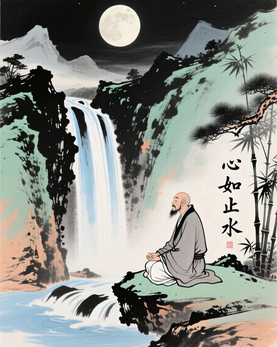 A hermit meditating quietly beside a mountain waterfall, brimming with peaceful contentment, under a full moon.