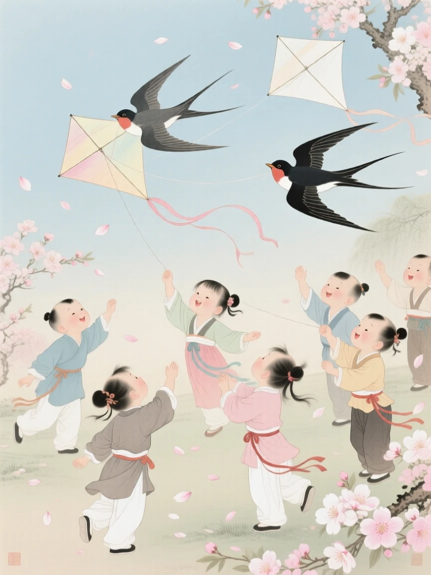 A spring festival with children releasing paper kites shaped like swallows, surrounded by falling flower petals
